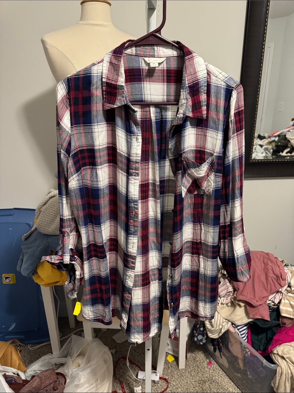 Women’s Plaid Button-Down Shirt - Navy, Burgundy & White